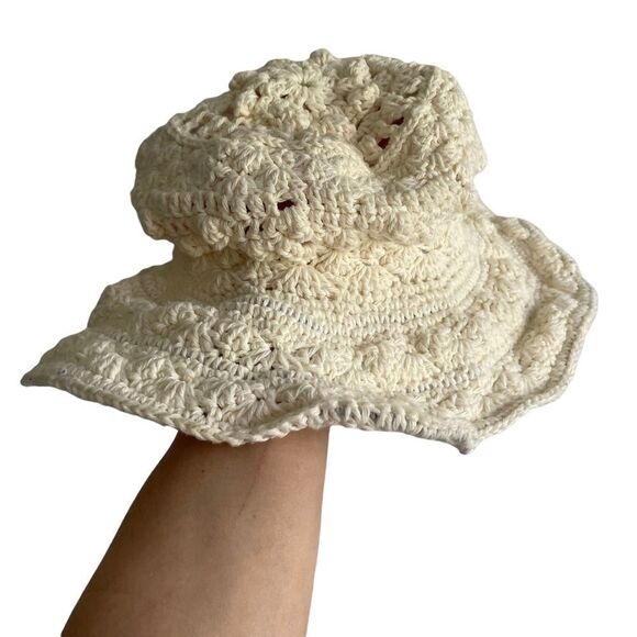 Handmade Accessories - Handmade Cream Crochet Knit Floppy Bucket Sun Hat With Brim One Size